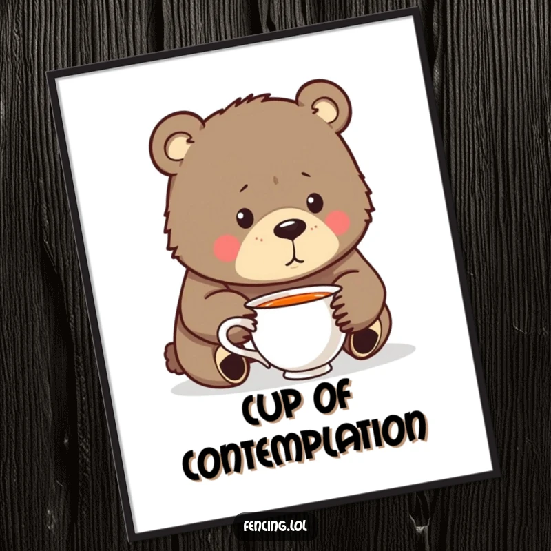 Funny Digital Art Print: A bear in a humorous, introspective moment with a teacup, ready to bring funny thought to digital displays or prints.