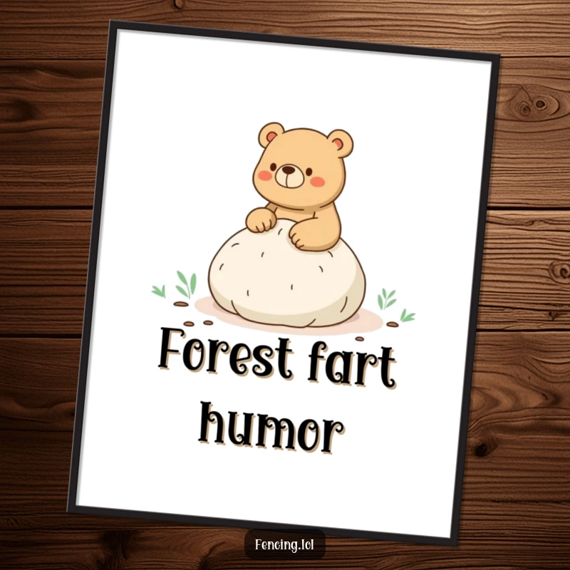 Funny digital art print of a bear humorously sitting on a whoopee cushion during a hike, ideal for vibrant, comical wall decor.