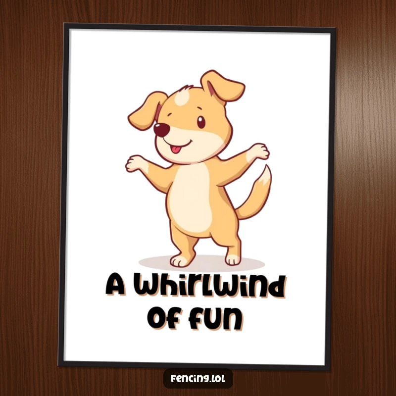 Funny digital art print of a curious dog performing a pirouette with a wagging tail, full of joy.