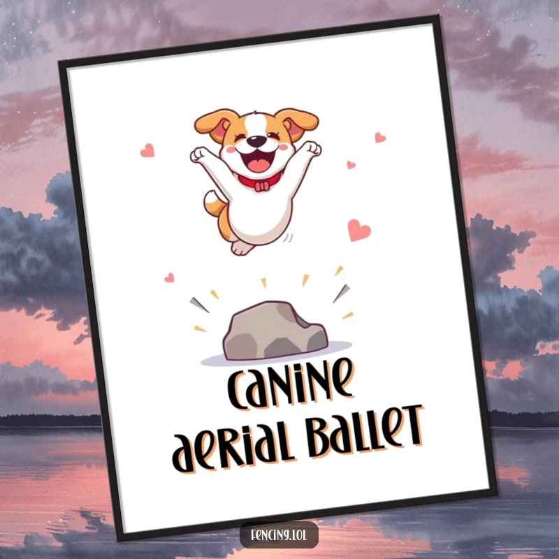 Funny digital art print of a joyful dog leaping high in a spectacular vault, ideal for immediate download and display of energetic art.