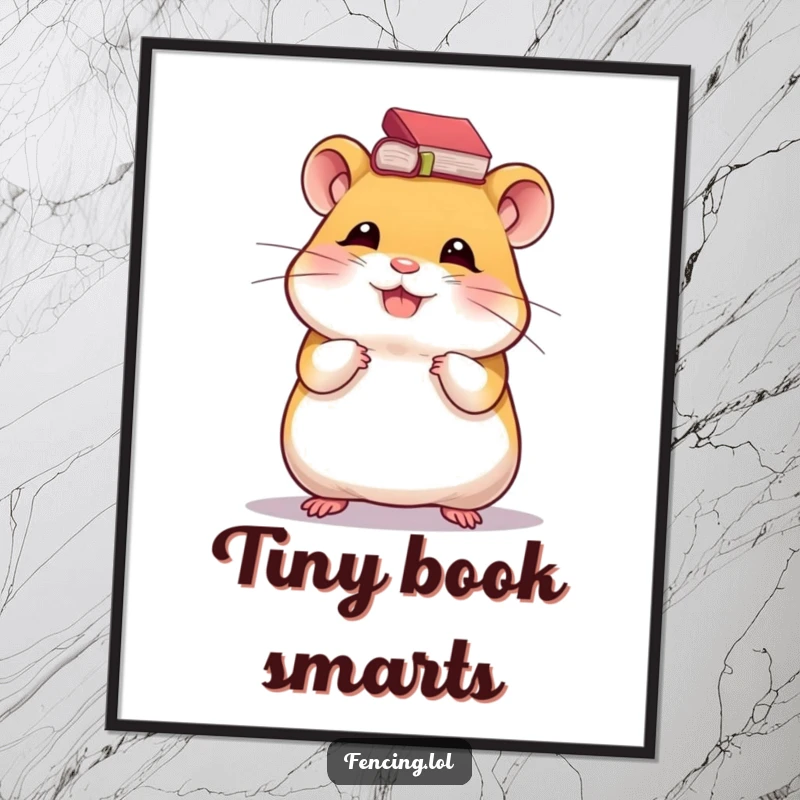Funny digital art print of a giggling hamster balancing a tiny book on its head, radiating studious joy and cleverness.