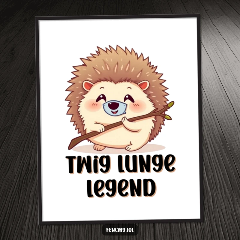Funny digital art print of a round, smiling hedgehog wearing a tiny mask, lunging with a twig, for heroic and humorous decor.