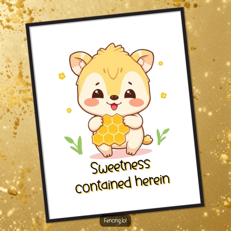 Funny digital art print of a happy animal gently handling a honeycomb, ideal for instant whimsical decor.