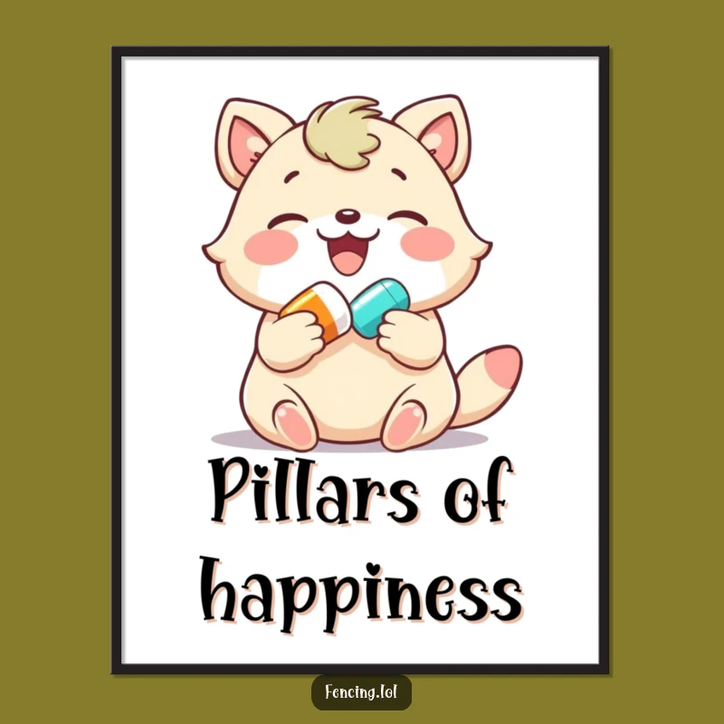 Funny Joyful Animal Digital Art: Cheerful Pill Time Decor