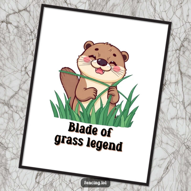 Funny digital art print of a happy otter with a determined grin, fencing with a long blade of grass, for humorous wall decor.