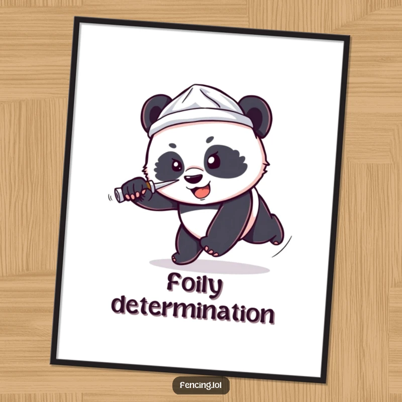 Funny digital art print of a determined, small panda wearing a tiny foil hat lunging forward with a foil, whimsical and humorous illustration.