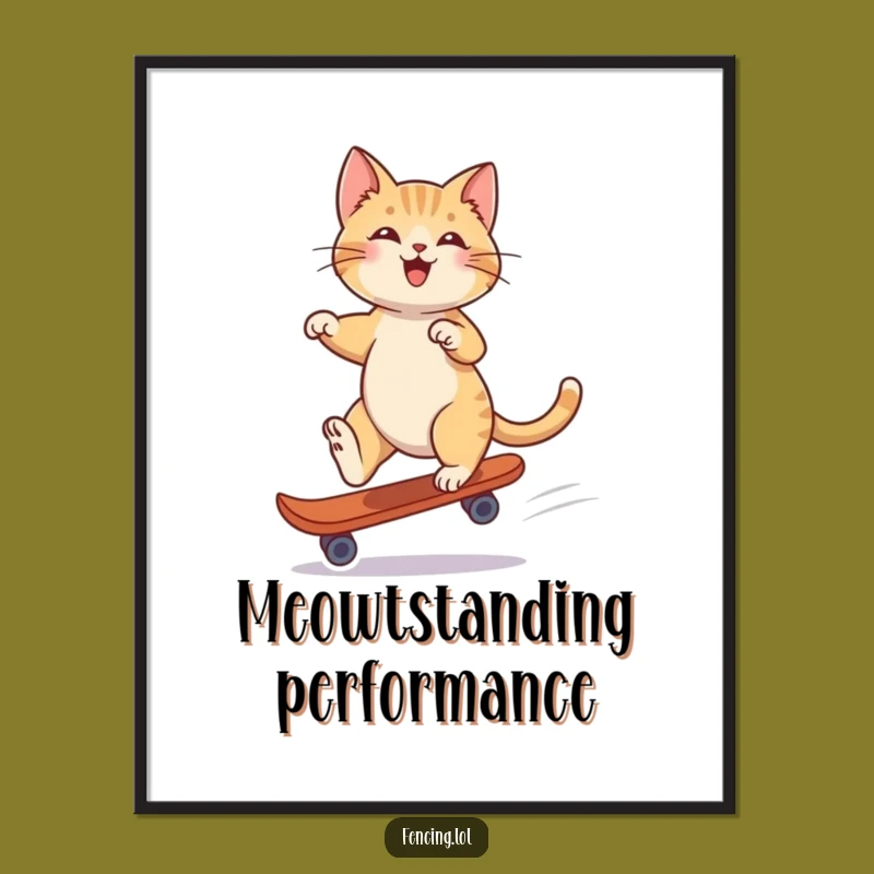 Funny Playful Cat Single Skate Digital Art Print: Whimsical Wall Decor