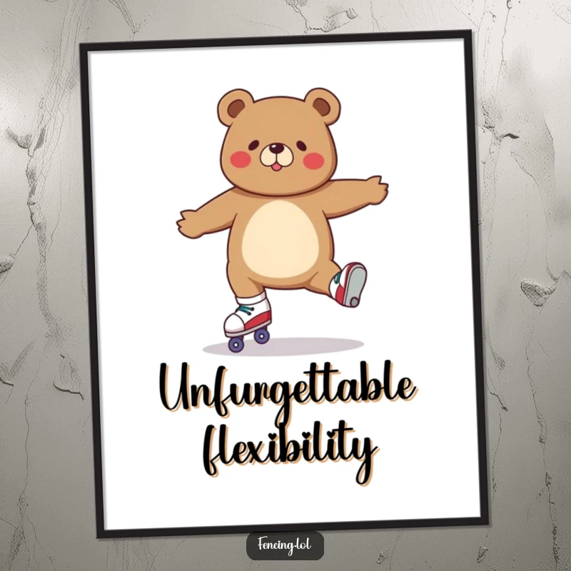 Funny digital art print of a determined bear performing a flawless split while balancing on roller skates, full of action.