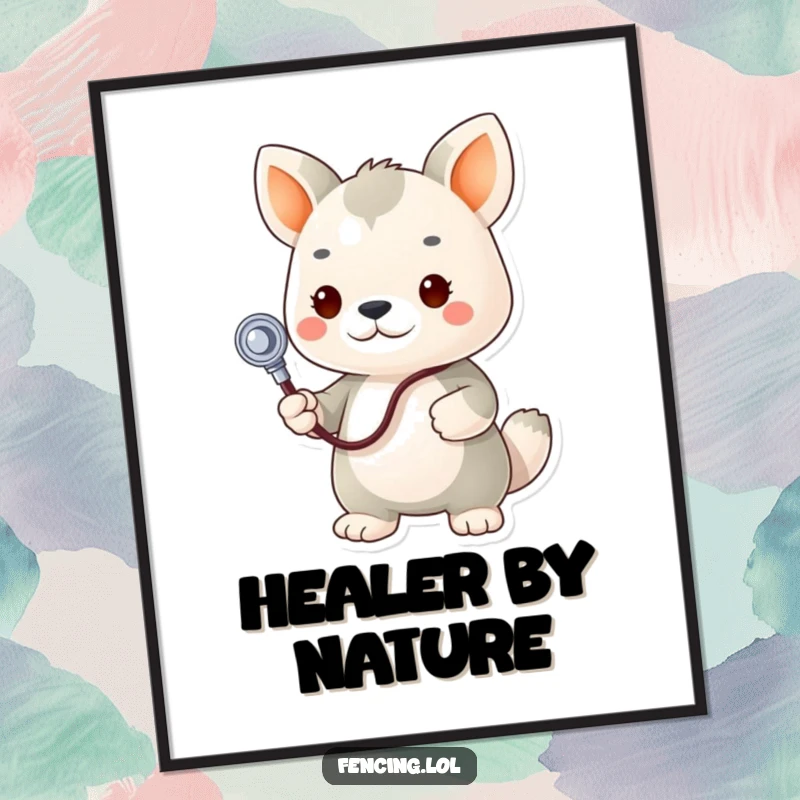Funny digital art print, determined animal vet holding stethoscope to plush toy, a charming and humorous illustration.