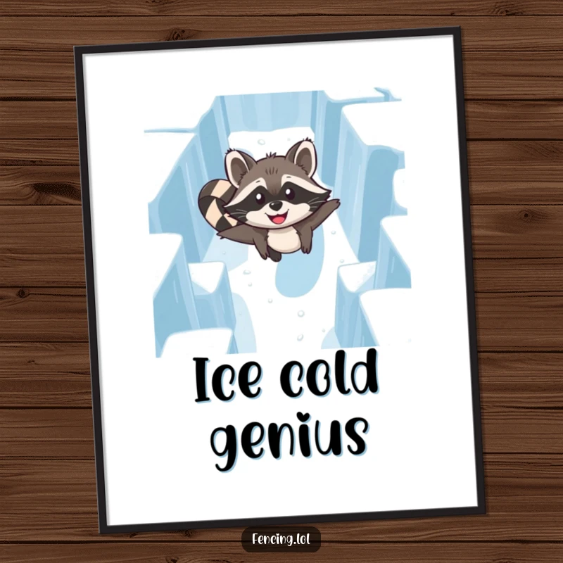 Funny Raccoon Ice Maze Digital Art Print: A joyful raccoon gliding effortlessly through an ice maze, high-resolution humor.