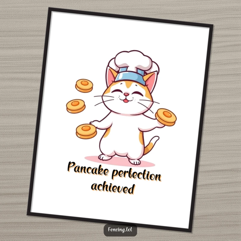 Funny digital art print of a cat chef juggling flying pancakes, ideal for printable kitchen decor.