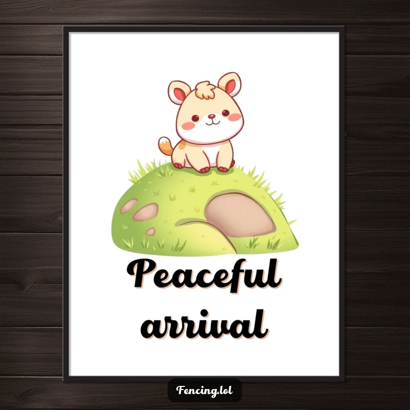 Funny digital art print of a happy animal landing gently on a grassy hill, perfect for instant humorous home decor.