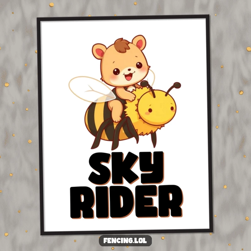 Funny animal digital art print of a cheerful animal riding a large bee, offering whimsical humorous decor.