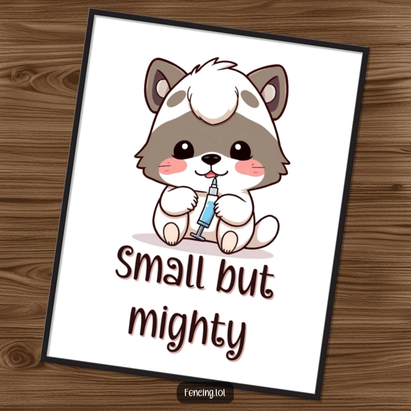 Funny digital art print of a determined animal carefully using a tiny syringe, perfect for adding humorous focus.