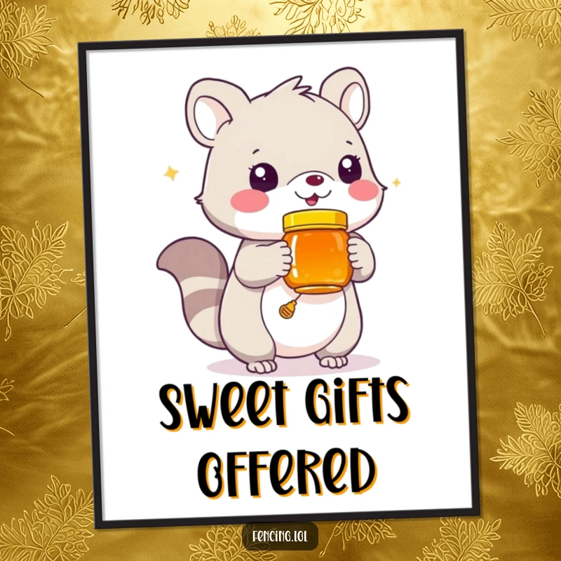 Funny digital art print of a playful animal offering a jar of honey, great for instant whimsical decor.