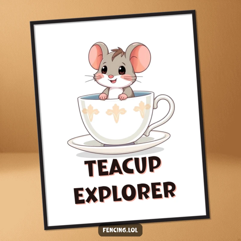 Funny brave mouse digital art print, sitting in a giant teacup, adding courageous and funny charm to decor.