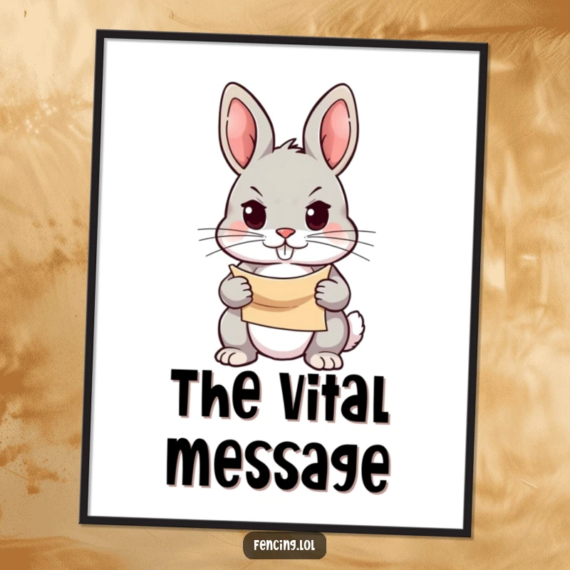 Funny digital art print of a determined rabbit holding a small scroll with a focused gaze, symbolizing ambition, instant downloadable art.