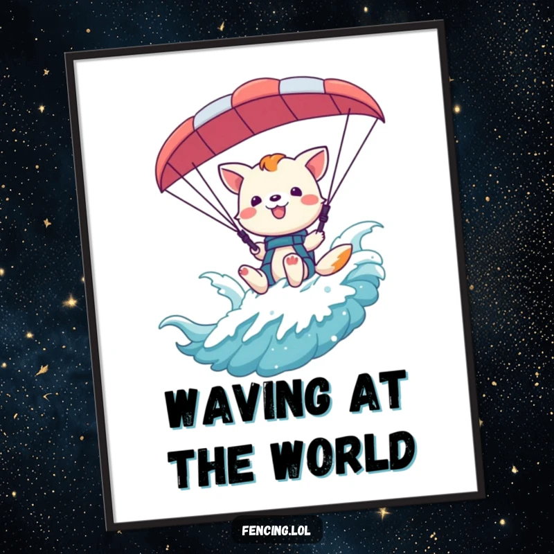 Funny playful animal waving from a paraglider harness, depicted as cheerful digital art for bright decor.