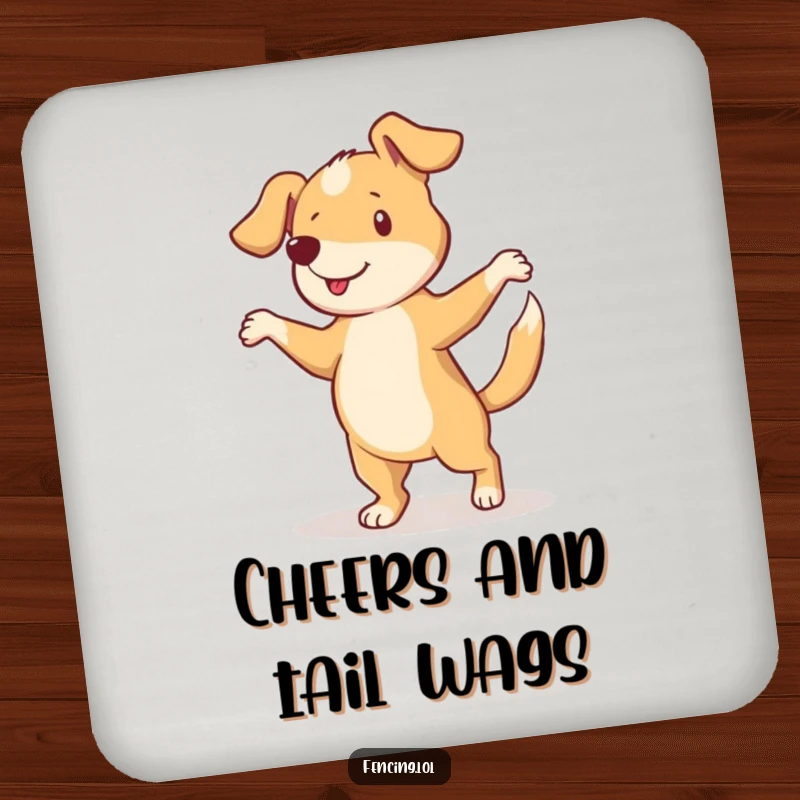 Funny drink coaster showcasing a curious dog performing a pirouette with a wagging tail, protecting your surfaces.