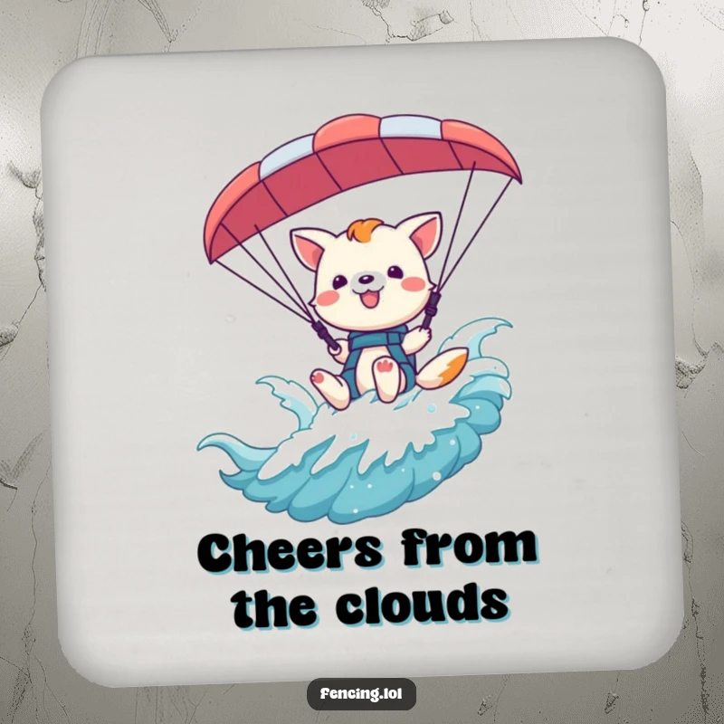 Funny playful animal waving from a paraglider harness on a drink coaster, adding a cheerful touch.