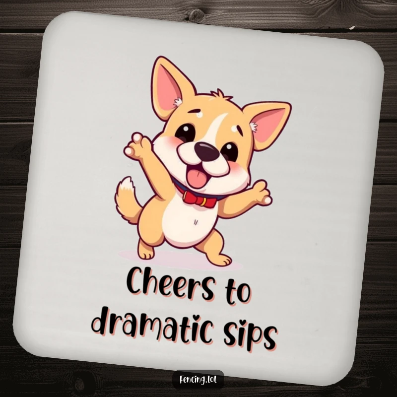 Funny wobbly dog coaster set, tripping while gesturing grandly, protecting surfaces, humorous home decor gift.