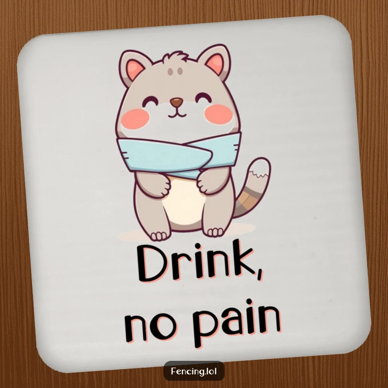Funny coasters featuring a cheerful animal bandaging a pretend injury, offering humorous protection for surfaces.