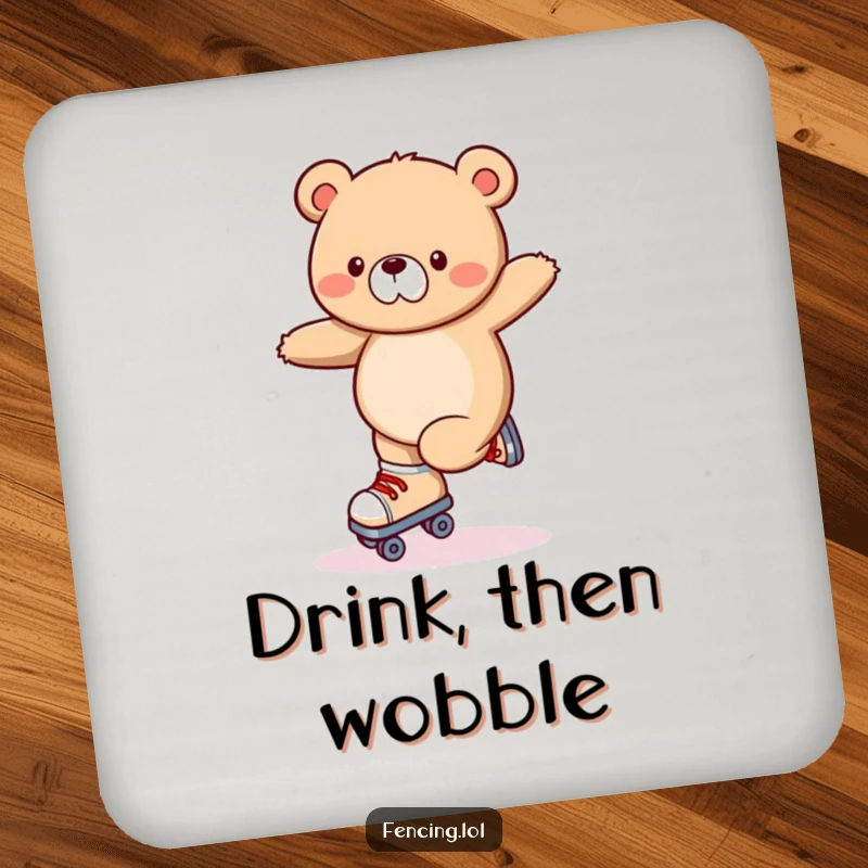 Funny drink coaster with a wobbly bear losing balance on roller skates, a humorous illustration for table protection.