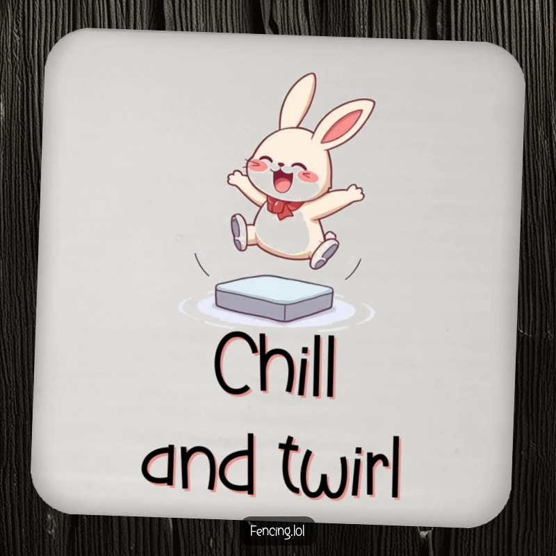 Funny drink coaster showcasing a giggling bunny performing a triple jump on ice, protecting surfaces with a touch of humorous athleticism and charm, a perfect gift item.