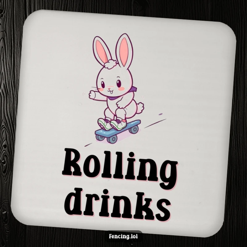 Funny bunny roller skater drink coasters, set of coasters featuring a cute rabbit gliding on roller skates, perfect for tables.