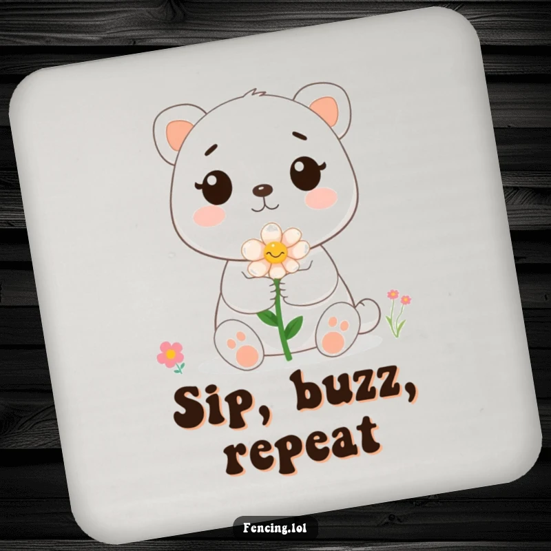 Funny cute animal giving a flower to a bee on a drink coaster, protecting surfaces with charming artwork.