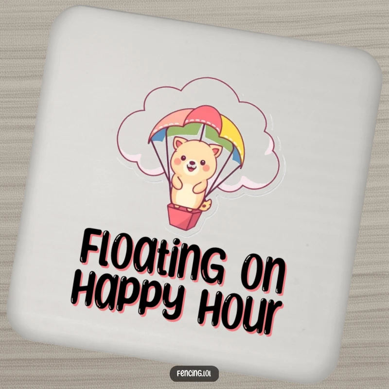 Funny drink coaster showing a happy animal floating from a cloud on a colorful parachute.