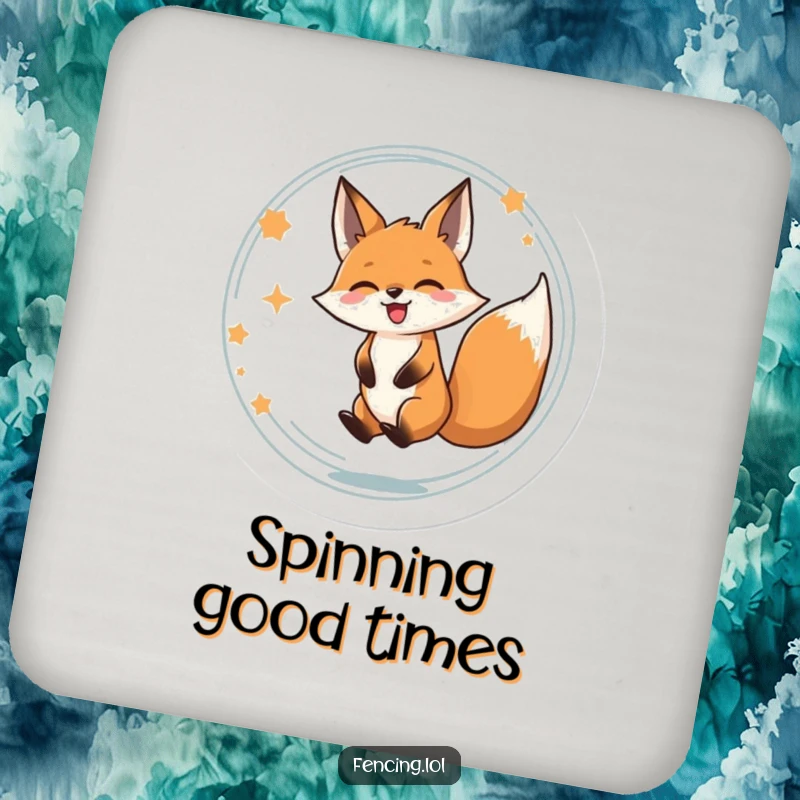 Funny drink coaster with a determined fox spinning in a circle, radiating energy and pure, delightful happiness.