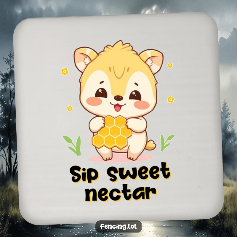 Funny drink coaster featuring a cheerful animal holding a honeycomb, protecting surfaces with cute humor.