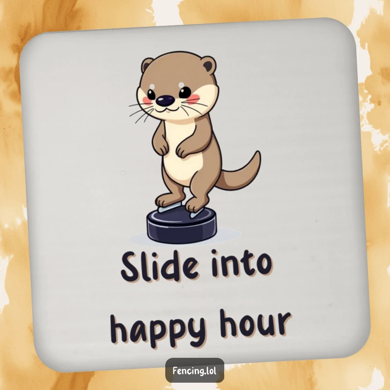 Funny drink coaster showcasing a determined otter balancing on a puck while skating, protecting surfaces with a touch of humorous skill and focus, a perfect gift item.
