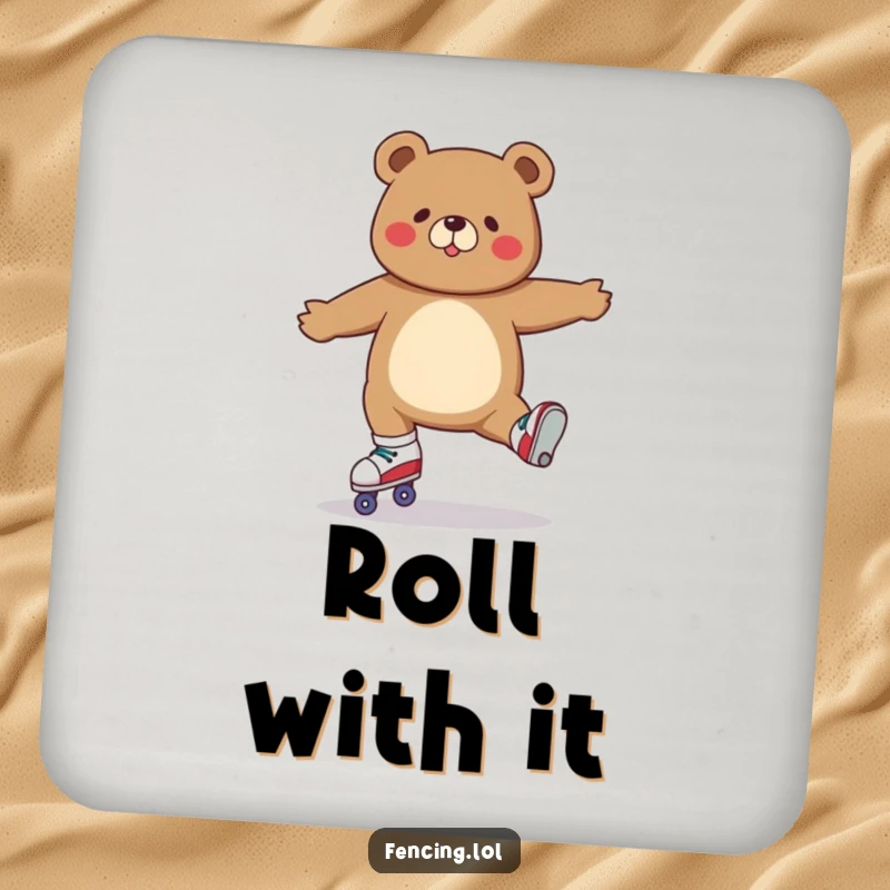 Funny drink coaster with a determined bear performing a perfect split on roller skates, adding humor to your tabletop.