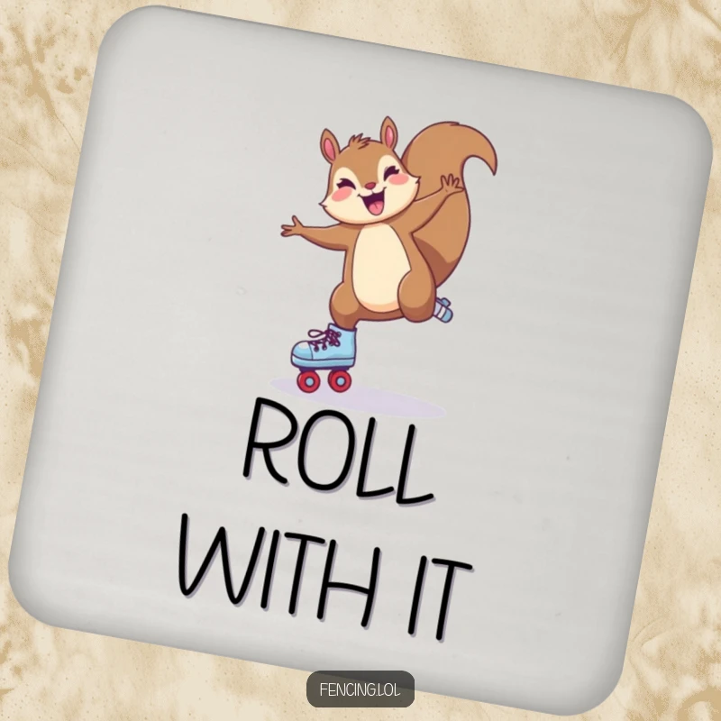 Funny Coaster: A joyful squirrel performing a cartwheel on roller skates, adding humorous protection to furniture.
