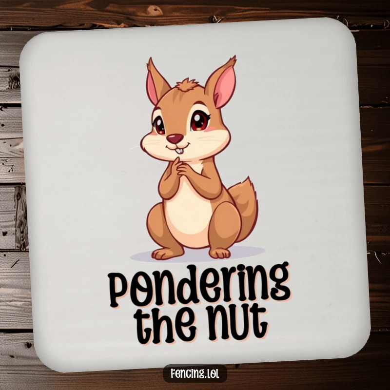 Funny drink coaster with a playful squirrel striking a dramatic, deep thinking pose, protecting your furniture with witty flair.