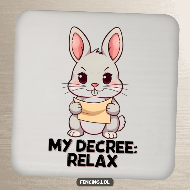 Funny drink coaster featuring a determined rabbit holding a scroll with a focused gaze, adding motivational humor to any surface.