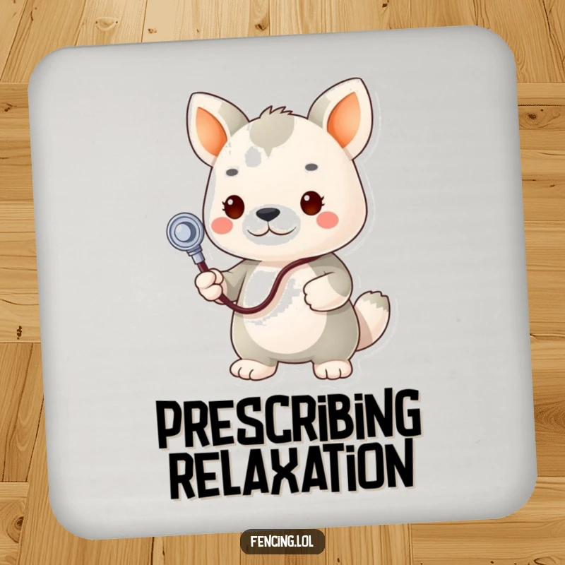 Funny drink coaster, determined animal vet with stethoscope checking a plush toy, adding humor to drink service.