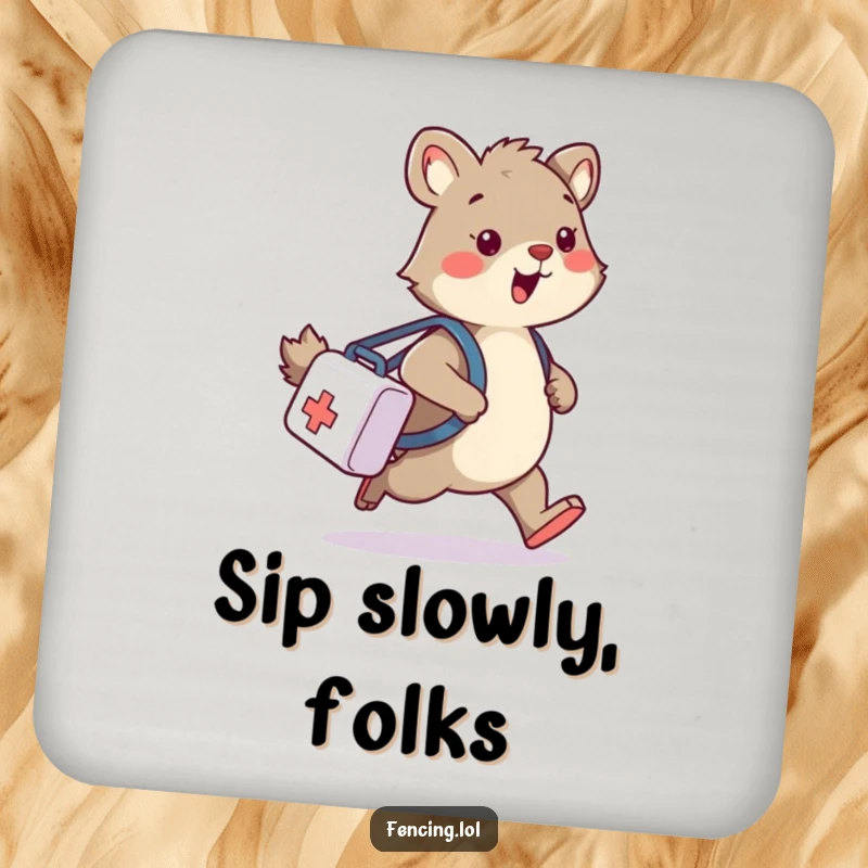 Funny coasters showing a wobbly animal tripping with a medical bag, offering humorous protection for surfaces.