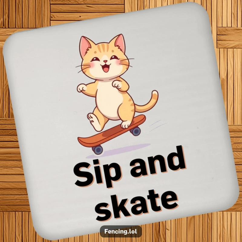 Funny drink coaster showcasing a playful cat gliding gracefully on a single skate, protecting your surfaces with style.
