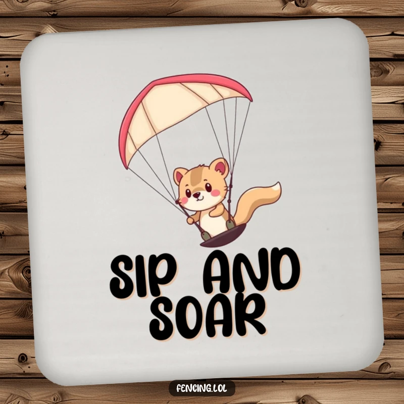 Funny determined animal paragliding on a drink coaster, adding a humorous and adventurous flair to tabletops.