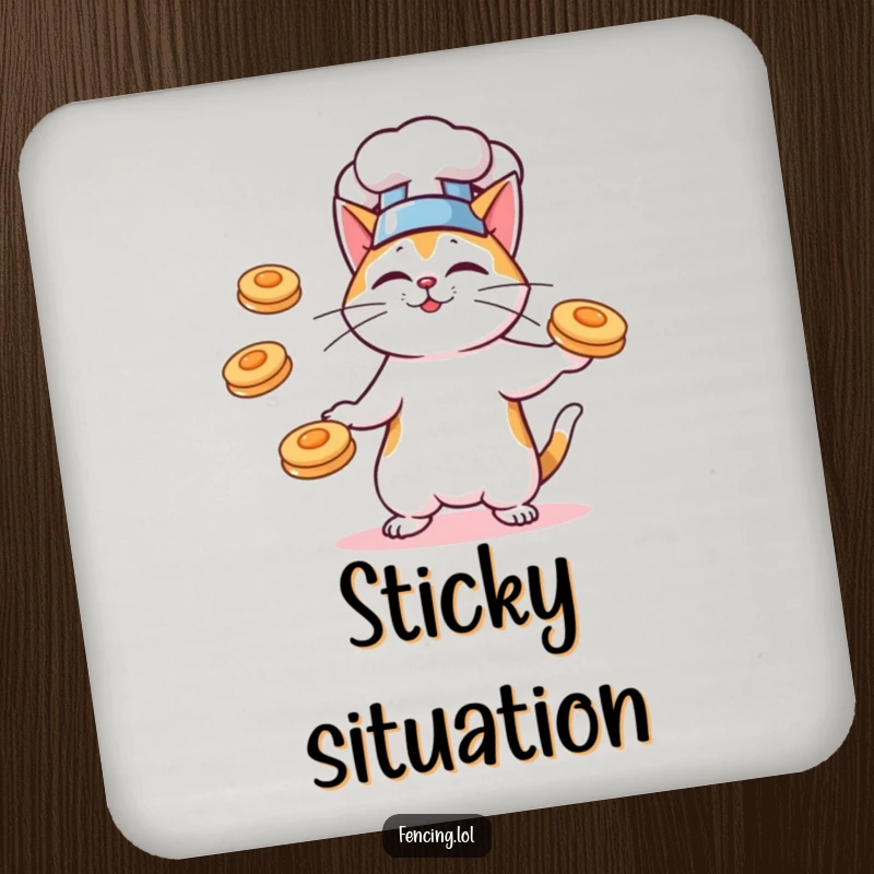Funny drink coaster with a cat chef juggling pancakes, protecting tables with culinary humor.