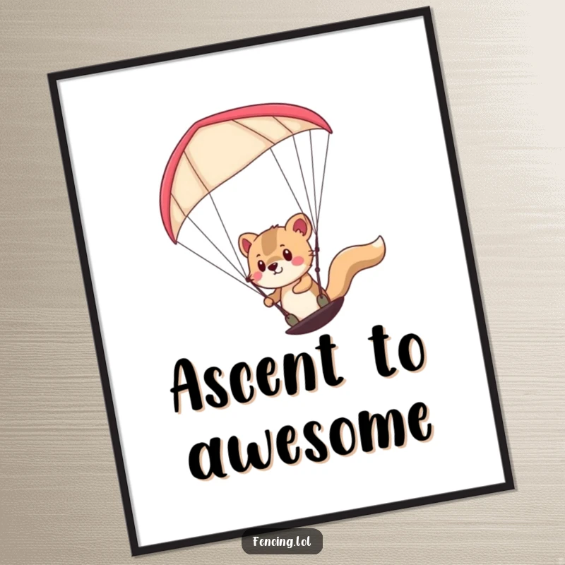 Funny determined animal paragliding with precision and courage, depicted as inspiring wall art for screen readers.