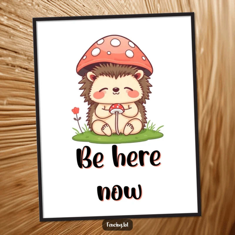 Funny Poster: A happy hedgehog in a meditative pose under a tiny mushroom, creating humorous and serene wall decor for any space.
