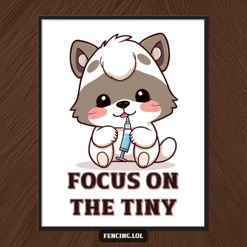 Funny poster illustrating a determined animal carefully using a tiny syringe, adding a humorous and focused vibe to decor.