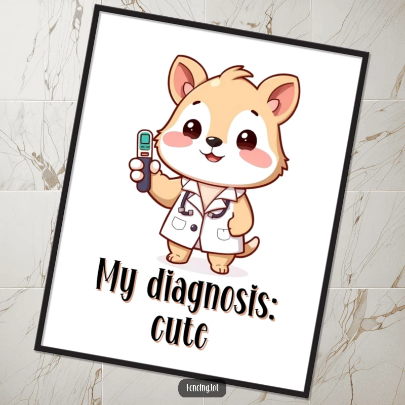 Funny poster print of a happy animal in a lab coat, checking a temperature with a serious but amused look.