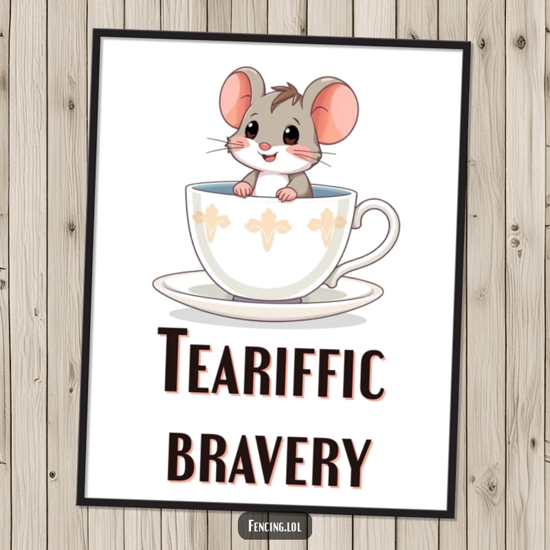 Funny brave mouse poster, depicted sitting inside a giant teacup, adding courageous and comical art to walls.