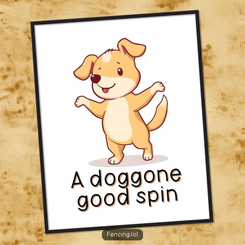 Funny poster capturing a curious dog mid-pirouette with a happy, wagging tail, radiating playful energy and charm.