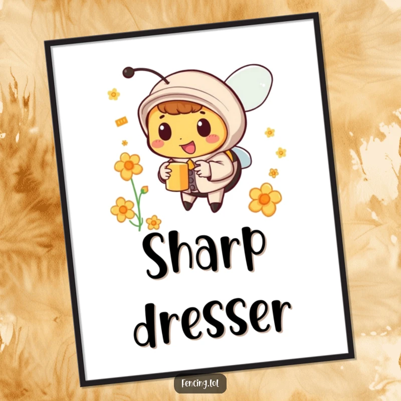 Funny bee poster showing a dapper bee in a suit collecting nectar, elegant funny gift.